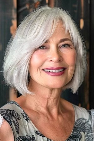 Peinado Bob con flequillo ralo para mujeres mayores de 50 años con caras redondas.