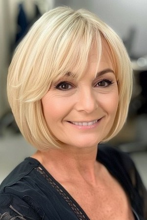 Peinado Bob hasta la barbilla con flequillo para mujeres mayores de 50 años con caras redondas.