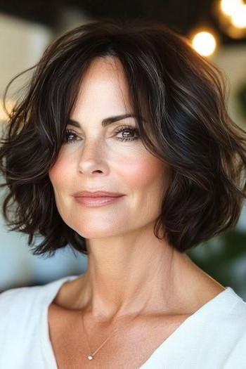 Peinado Bob ondulado castaño en una mujer con cabello castaño oscuro.