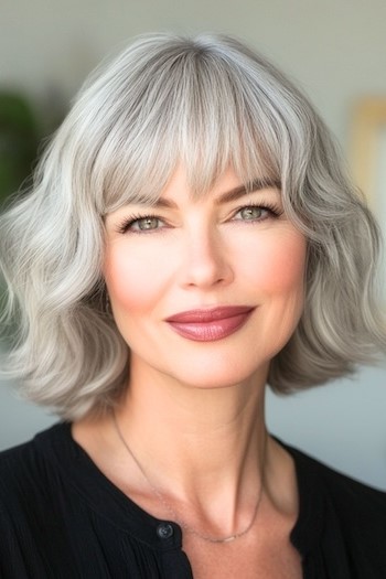 Peinado Bob ondulado con flequillo y puntas volteadas en una mujer sonriente con cabello gris.