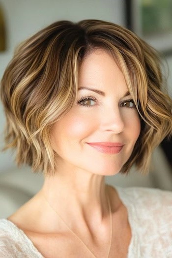 Peinado Bob ondulado con textura y reflejos en una mujer sonriente con cabello castaño con reflejos.
