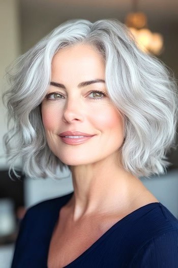 Peinado bob ondulado corto y voluminoso en una mujer mayor sonriente con cabello gris de tono frío.