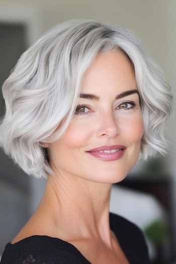 Peinado Bob ondulado hasta la mandíbula en una mujer sonriente con cabello corto plateado.