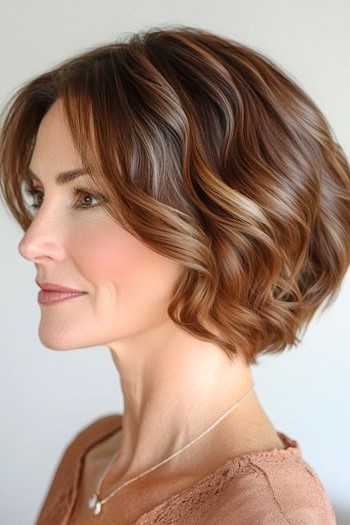 Peinado Bob ondulado suave en una mujer con cabello castaño brillante, vista lateral.