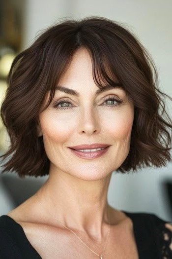 Peinado Bob ondulado con flequillo lateral en una mujer mayor con cabello castaño chocolate oscuro.