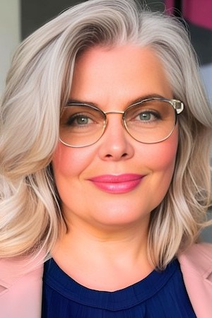 Peinado Bob plateado con gafas para mujeres mayores de 50 años con caras redondas.