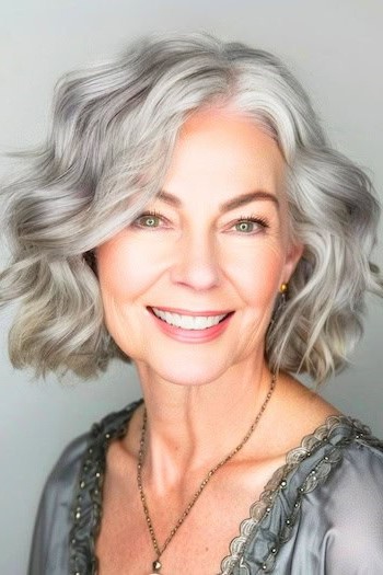 Peinado Bob corto ondulado plateado en una mujer sonriente de unos 50 años con cabello gris.