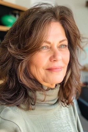 Peinado con capas y plumas hasta los hombros para mujeres mayores de 50 años con caras redondas.