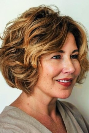 Peinado de corte corto ondulado para mujeres mayores de 50 años con caras redondas.