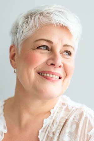 Peinado Pixie blanco para mujeres mayores de 50 años con caras redondas.