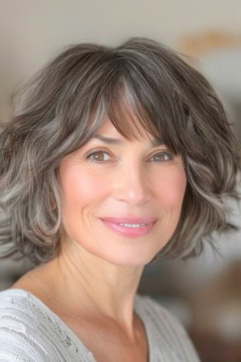 Peinado corto con ondas sal y pimienta en una sonriente mujer de 56 años con cabello mezclado con gris y castaño oscuro.