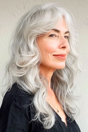 Peinado con ondas plateadas largas para mujeres mayores de 50 años con caras redondas.