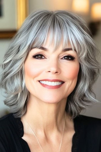 Peinado con ondas plateadas en capas y flequillo en una sonriente mujer de 52 años con cabello gris.