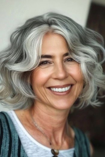 Peinado con ondas plateadas que enmarcan el rostro de una sonriente mujer de 59 años con cabello gris.