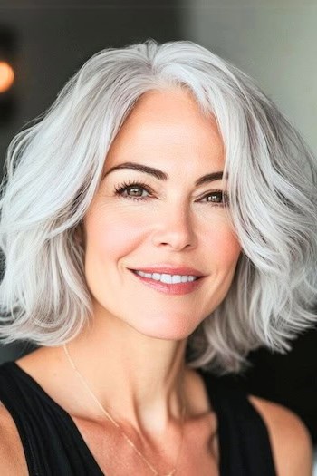 Peinado con ondas plateadas texturizadas en una mujer sonriente con cabello gris.