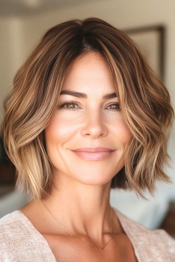 Ondas playeras con peinado con raya al medio en una mujer sonriente con cabello castaño y reflejos que enmarcan el rostro.