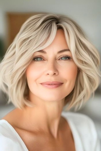 Peinado con ondas rubias en capas para una mujer suavemente sonriente con cabello rubio claro.