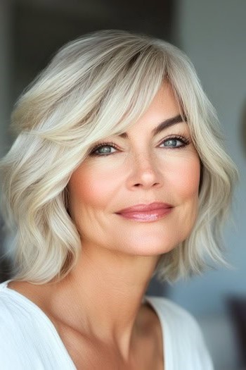 Peinado con ondas rubias suaves y flequillo en una mujer de unos 50 años con cabello rubio y una sonrisa suave.