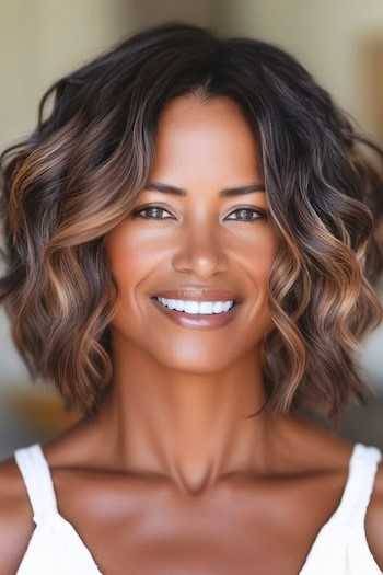 Peinado con ondas sueltas y resaltadas en una mujer negra sonriente con cabello castaño resaltado.