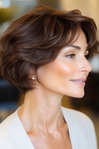 Peinado Pixie Bob corto en capas en una sonriente mujer de 55 años con cabello castaño, vista lateral.