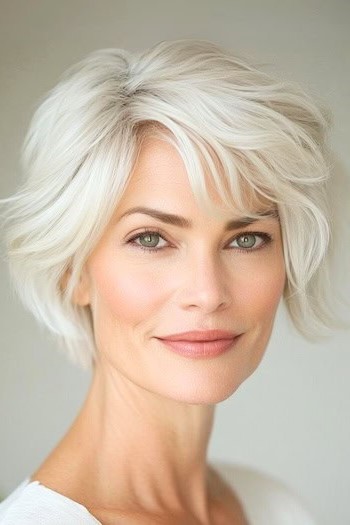 Peinado Pixie Bob platino en una mujer de 50 años con cabello rubio.