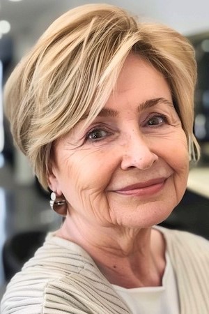 Peinado Pixie Bob para mujeres mayores de 50 años con caras redondas.