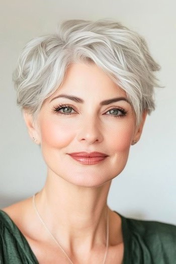 Peinado Pixie corto y ondulado para una mujer sonriente de unos 50 años con cabello gris.
