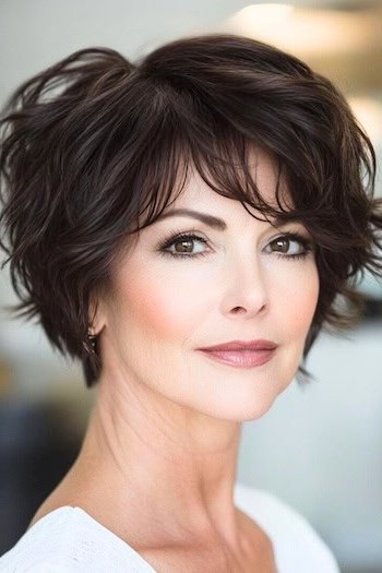 Peinado pixie ondulado texturizado en una mujer mayor con cabello castaño oscuro.