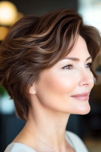 Peinado Pixie ondulado y cónico en una mujer mayor con cabello castaño corto en capas.