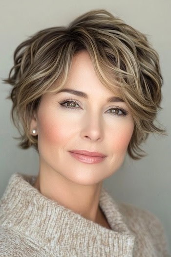 Peinado Pixie ondulado y entrecortado para una mujer de unos 50 años con cabello castaño y mechas.