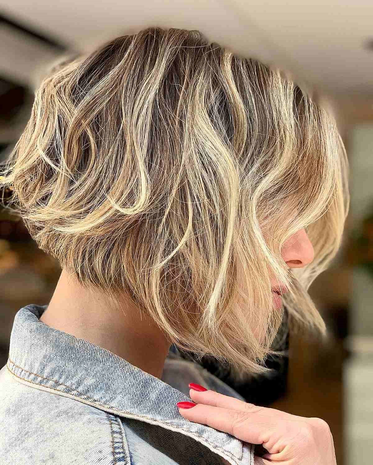 Bob en ángulo con capas y balayage rubio